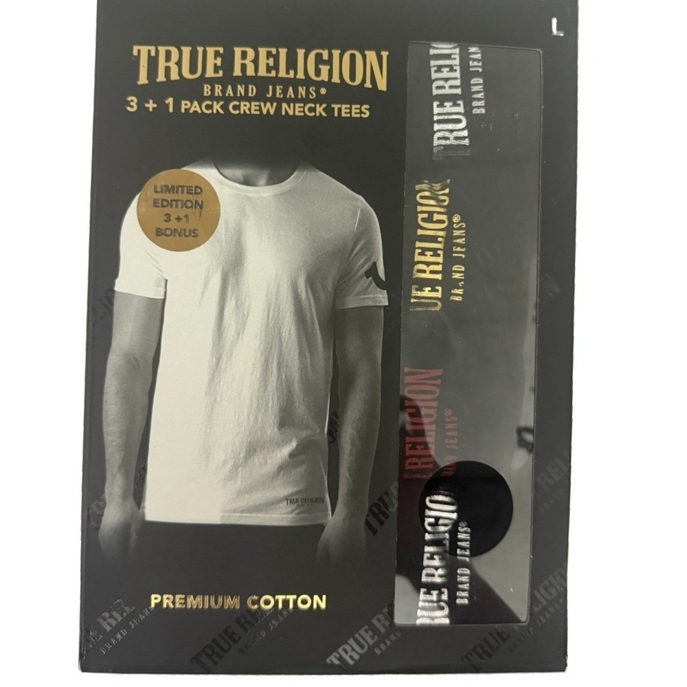 True Religion Men's Black Crew Neck Tee Shirts 4 Pack Size Large New